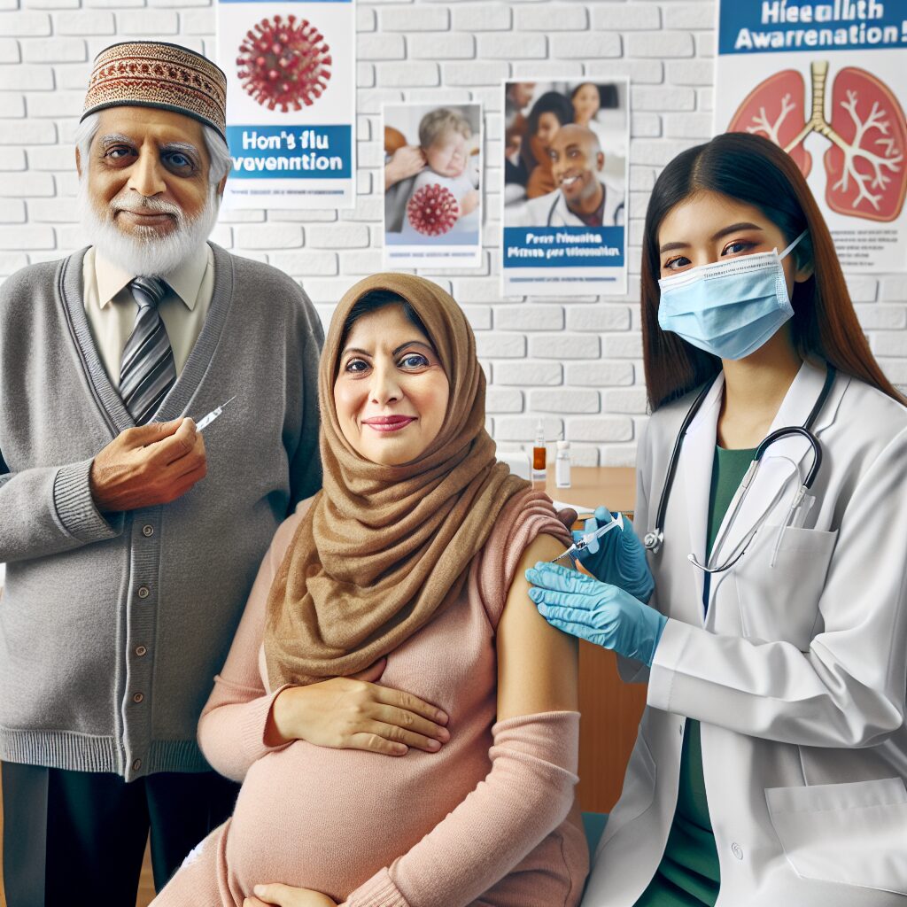 Image showing a diverse group of people, including seniors, pregnant women, and healthcare workers, getting vaccinated against influenza, in a healthcare setting with posters and banners promoting flu prevention.