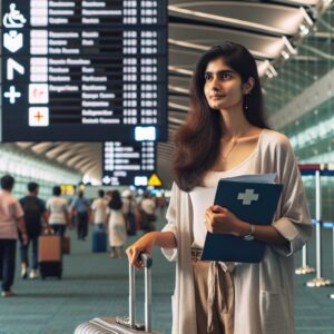 A person with a suitcase at an airport, holding a medical document, symbolizing travel during a medical leave period. The setting should convey a sense of both travel and health management, with elements like an airport terminal and medical symbols.