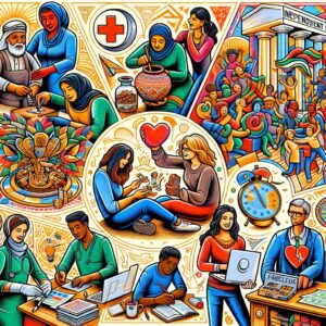A detailed illustration showing a diverse group of independent workers such as artisans, traders, and freelancers engaging in activities that promote health and well-being. They are surrounded by elements representing healthcare, family support, and financial security, set in a vibrant and encouraging environment.