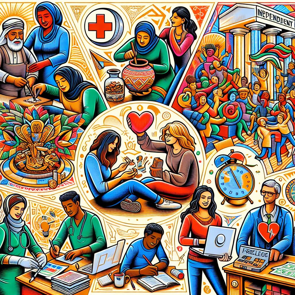 A detailed illustration showing a diverse group of independent workers such as artisans, traders, and freelancers engaging in activities that promote health and well-being. They are surrounded by elements representing healthcare, family support, and financial security, set in a vibrant and encouraging environment.
