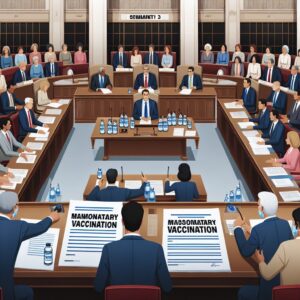 Une scène de débat parlementaire au Sénat sur l'obligation vaccinale en Ehpad, avec des sénateurs en discussion animée et des documents officiels en avant-plan.