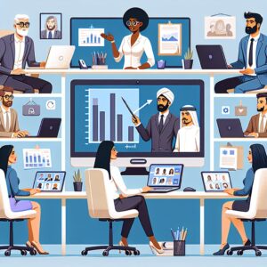 An illustration of a virtual webinar, showcasing professionals engaging in an online discussion about workplace safety and prevention. Include elements like computers, charts, and a professional setting.