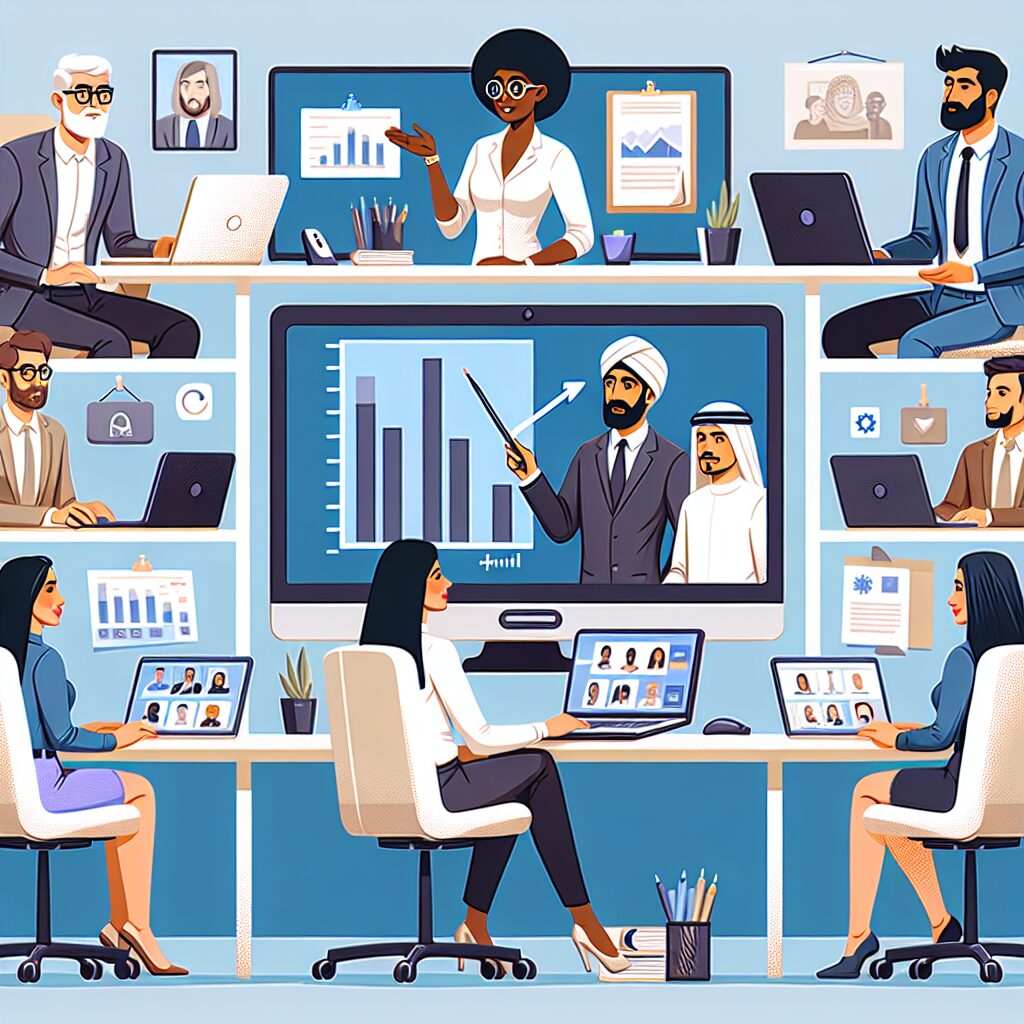 An illustration of a virtual webinar, showcasing professionals engaging in an online discussion about workplace safety and prevention. Include elements like computers, charts, and a professional setting.