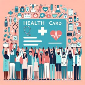 An illustration showing diverse people holding a large health card symbolizing the Complémentaire santé solidaire in a supportive and inclusive manner, with symbols of medical services like stethoscope, medicine bottles, and medical checklists around them.