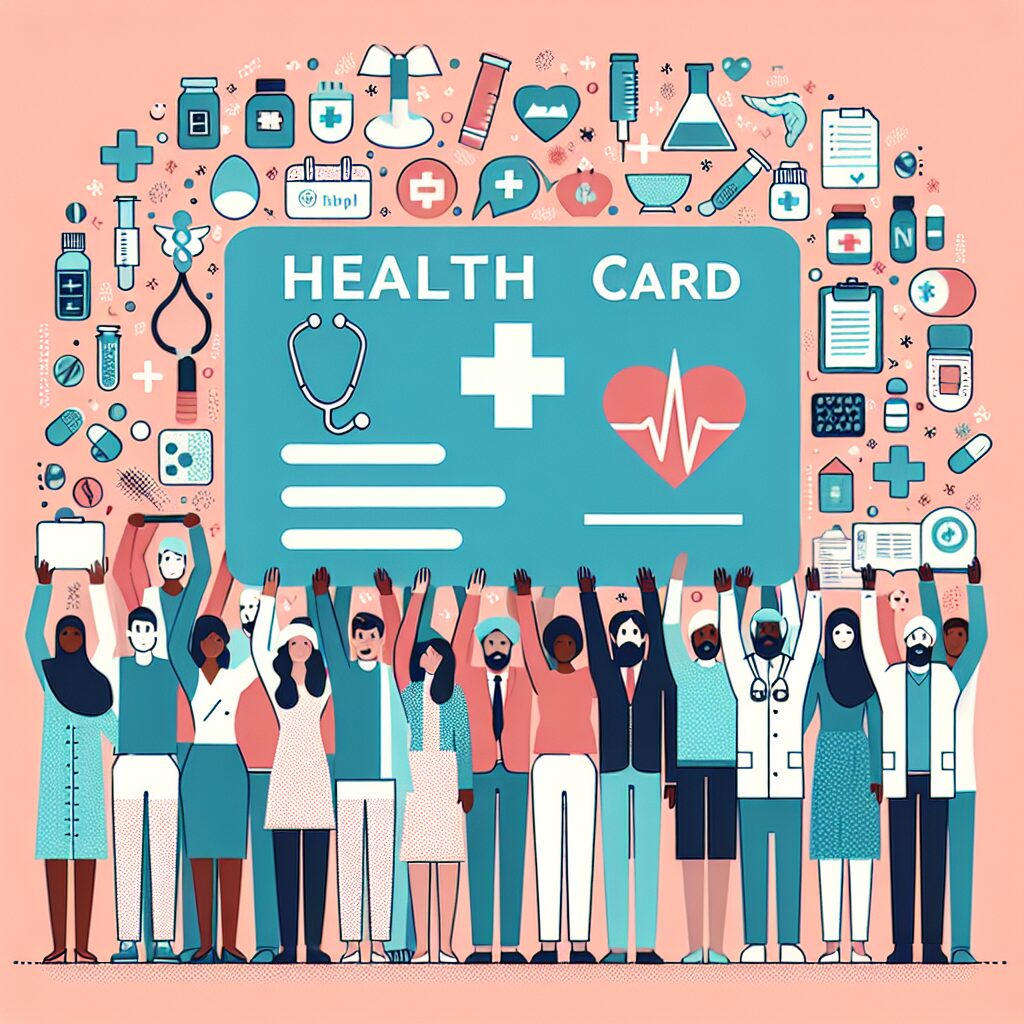 An illustration showing diverse people holding a large health card symbolizing the Complémentaire santé solidaire in a supportive and inclusive manner, with symbols of medical services like stethoscope, medicine bottles, and medical checklists around them.