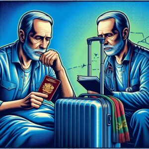 Illustration d'une personne en arrêt maladie regardant une valise et un passeport, symbolisant la possibilité de voyager à l'étranger sans autorisation de la CPAM, fond bleu avec touches de vert pour évoquer la santé et le voyage.