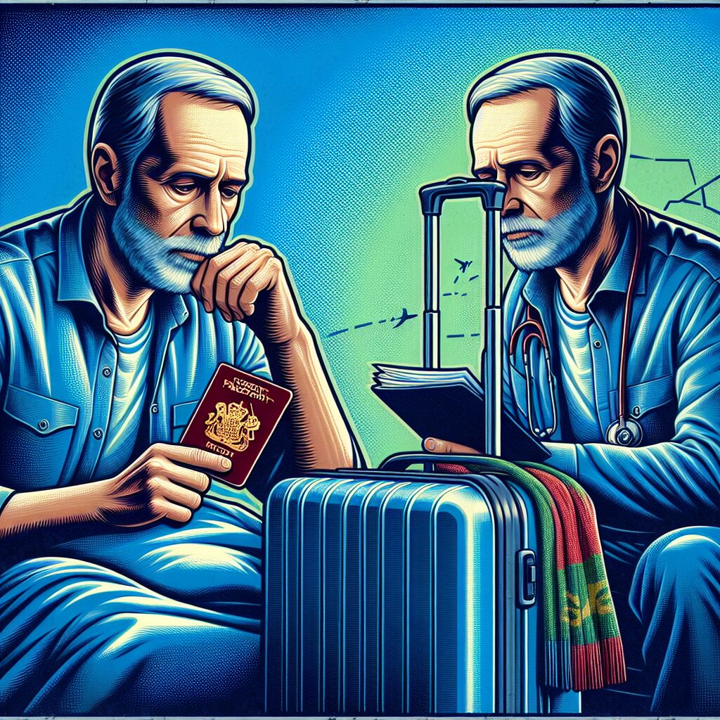 Illustration d'une personne en arrêt maladie regardant une valise et un passeport, symbolisant la possibilité de voyager à l'étranger sans autorisation de la CPAM, fond bleu avec touches de vert pour évoquer la santé et le voyage.