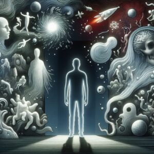 Illustration d'un individu se tenant dans un espace sombre et vide, symbolisant le sentiment de non-existence propre au syndrome de Cotard, avec des éléments surréalistes pour représenter la confusion mentale.