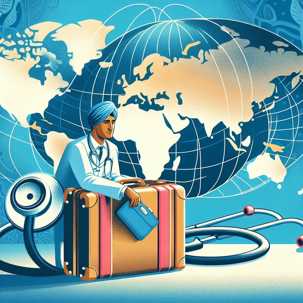 A symbolic image showing a person holding a suitcase with a backdrop of a world map and a stethoscope, symbolizing travel during sick leave and healthcare regulations.