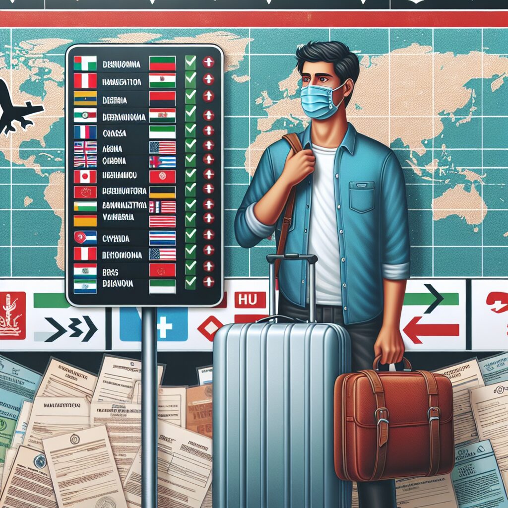 Un voyageur avec une valise, portant un masque médical, regardant un panneau d'aéroport avec des destinations internationales, le tout sur fond de documents de santé ou de législation.
