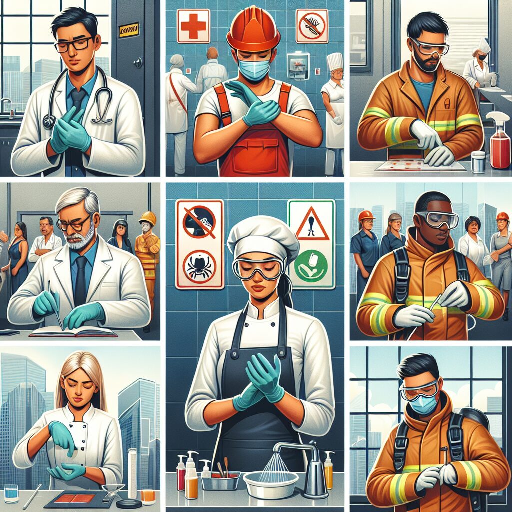 An illustrative image showing a diverse group of workers in various professional settings, focusing on health and safety measures in the workplace. Include elements like protective gear, workplace environments, and advisory text to emphasize prevention.