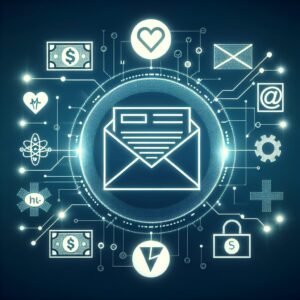 An email notification concept showing a digital envelope with symbols of health and payment security around it, representing the Assurance Maladie's new email alert system regarding payments.