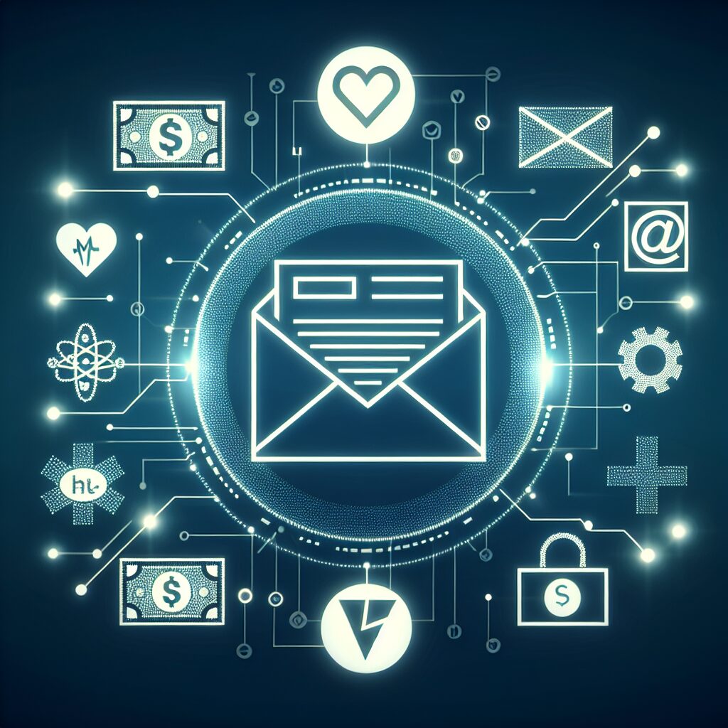 An email notification concept showing a digital envelope with symbols of health and payment security around it, representing the Assurance Maladie's new email alert system regarding payments.