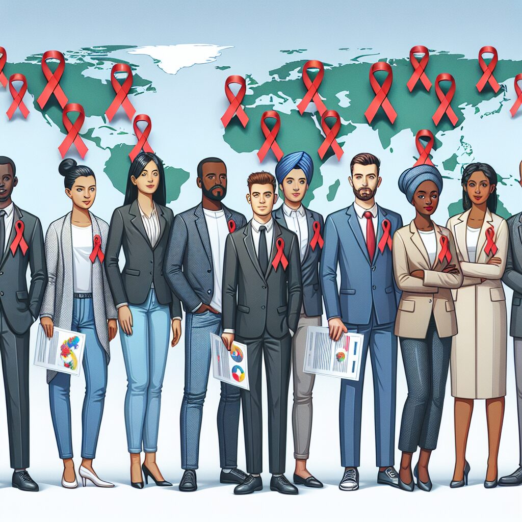 A diverse group of people from different backgrounds, standing together with red AIDS awareness ribbons, symbolizing unity and global effort in the fight against HIV/AIDS, against a backdrop of world maps and official documents.