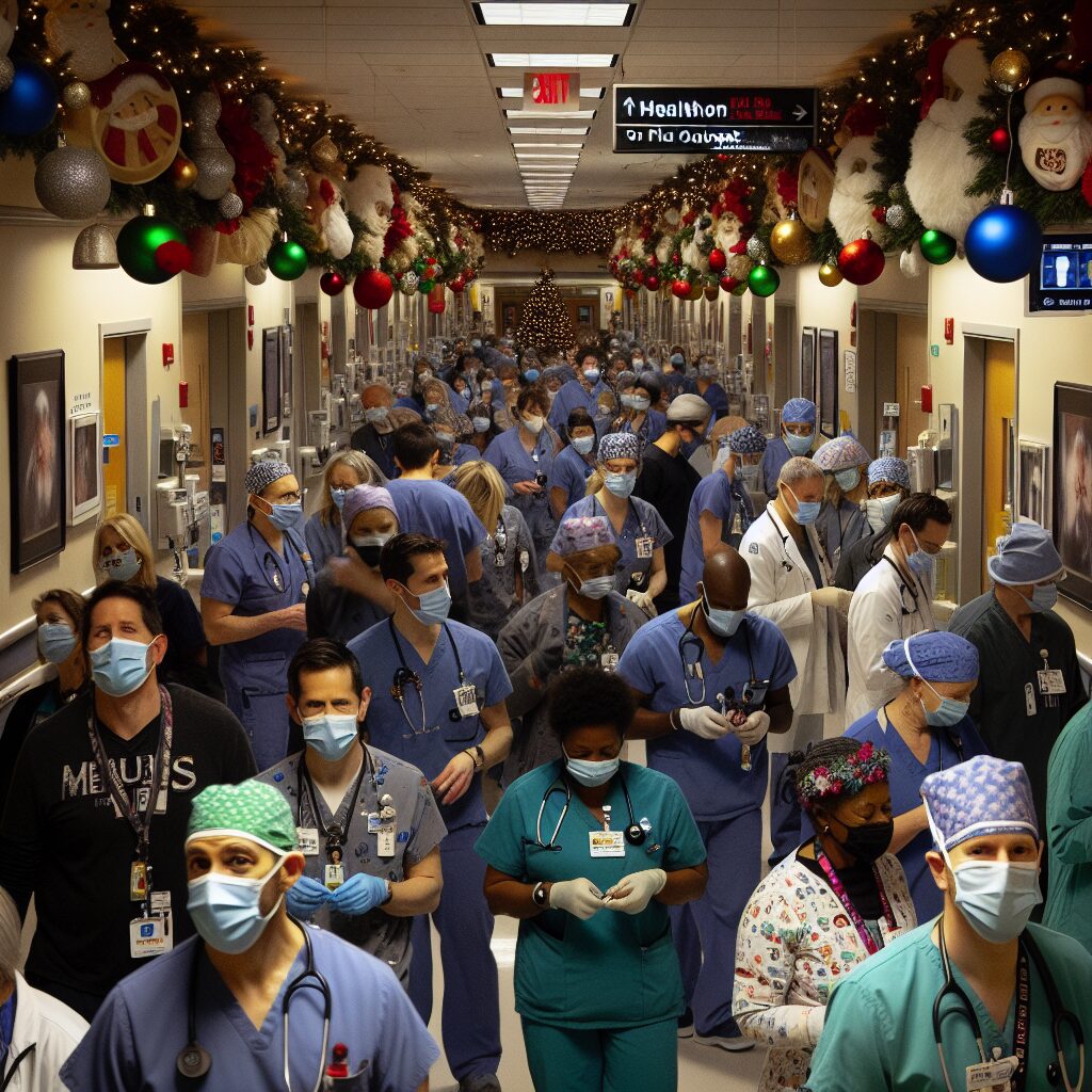 A busy hospital hallway decorated for Christmas, with healthcare workers wearing masks and a sign indicating a flu outbreak alert.