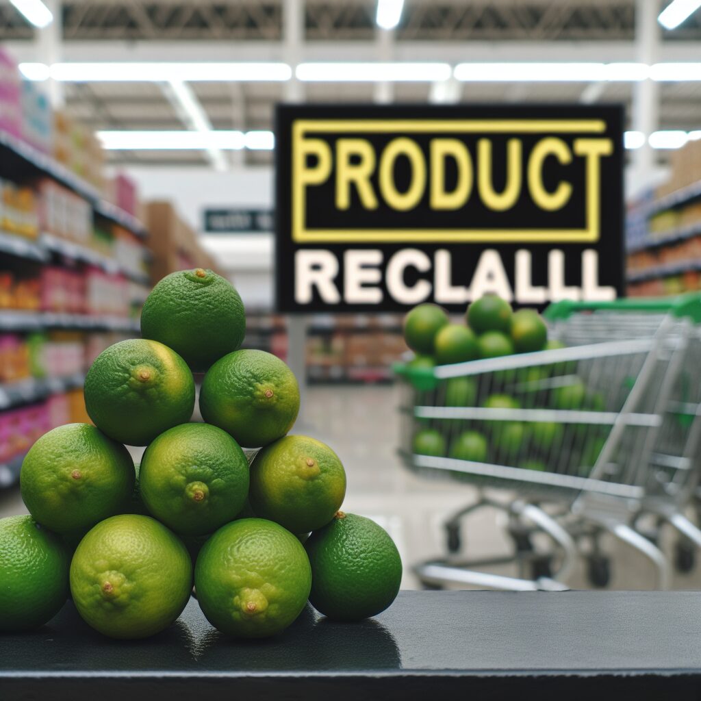 Un tas de citrons verts avec un panneau "Rappel produit" en arrière-plan, illustrant un problème de sécurité alimentaire avec des caddies et une enseigne de supermarché flou au loin.