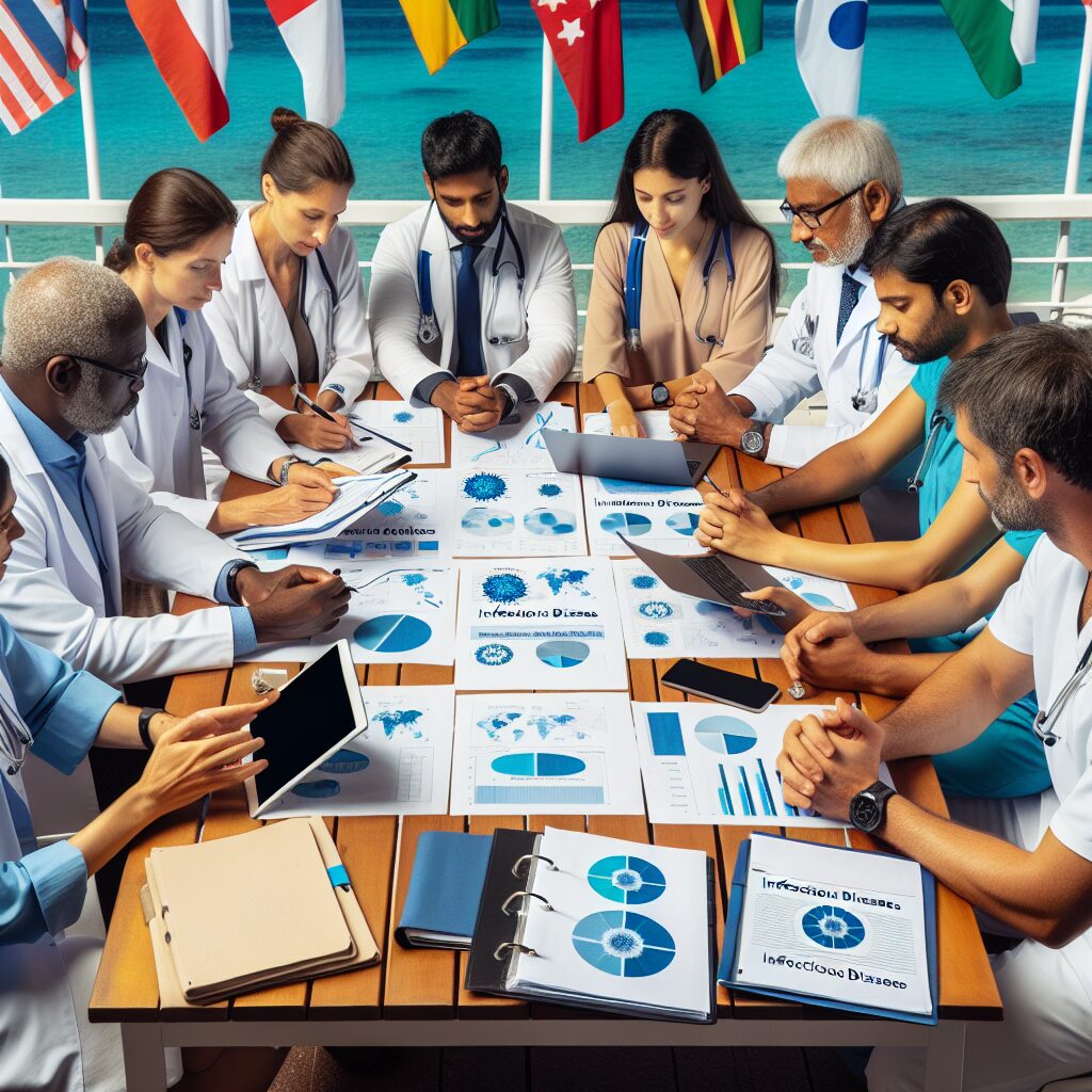 Des experts médicaux en discussion autour d'une table en Guadeloupe, avec des dossiers et des graphiques sur les maladies infectieuses, ambiance studieuse et coopérative.