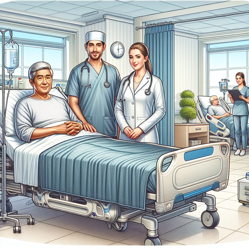 A detailed illustration of a hospital room with a bed and medical equipment, showing a senior male patient recovering with supportive care. There are medical staff attending, symbolizing care and recovery. The environment is calm and hygienic, indicating a recovery atmosphere in a French hospital.