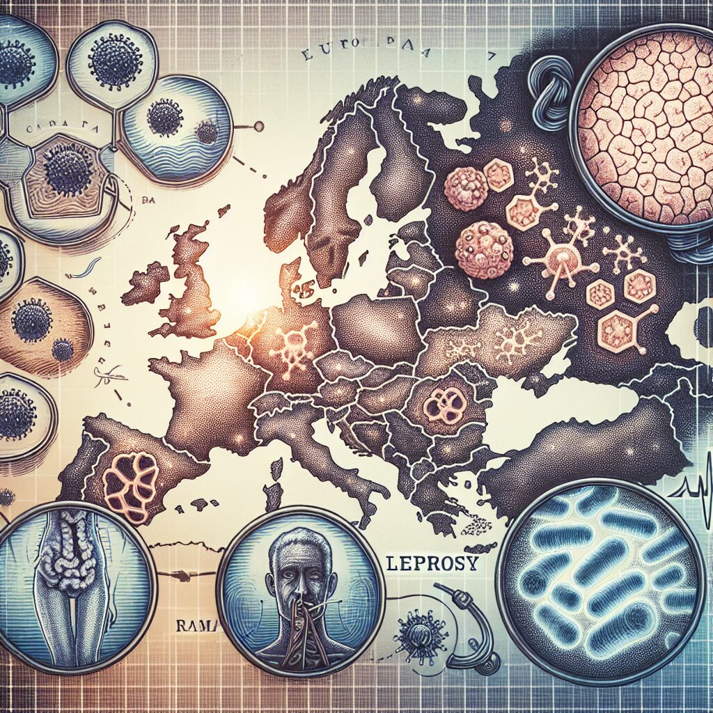 A detailed illustration showing the resurgence of leprosy in Europe, featuring a map highlighting Romania and Croatia, medical symbols like bacteria and skin, with an aura of concern and sanitation.