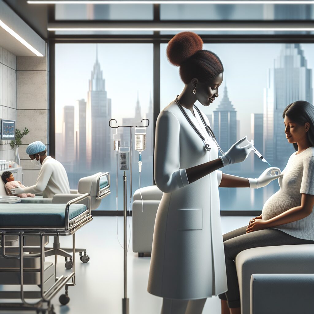 An image of a healthcare professional administering a vaccine to a pregnant woman in a medical setting, emphasizing the protection and care for mothers and infants, with a background that suggests a hospital or clinic environment.