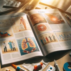 Un magazine médical ouvert sur une table, avec des illustrations de traitements pour le diabète, des graphiques et des témoignages. Ambiance lumineuse et apaisante, symbolisant l'accompagnement et le bien-être.