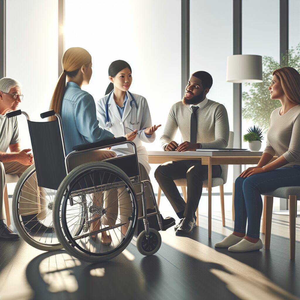 An inclusive medical consultation room with diverse patients and healthcare professionals, emphasizing accessibility, and empowerment for individuals with disabilities. Bright and welcoming atmosphere, featuring healthcare staff engaging positively with patients.