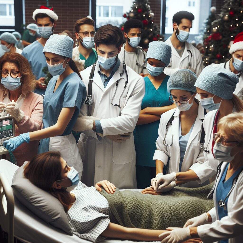 A busy hospital ward with doctors and nurses attending to patients during a winter season, showcasing medical staff wearing masks and attending to beds, with a holiday decoration in the background indicating the festive period, creating a sense of urgency and care amid an epidemic.