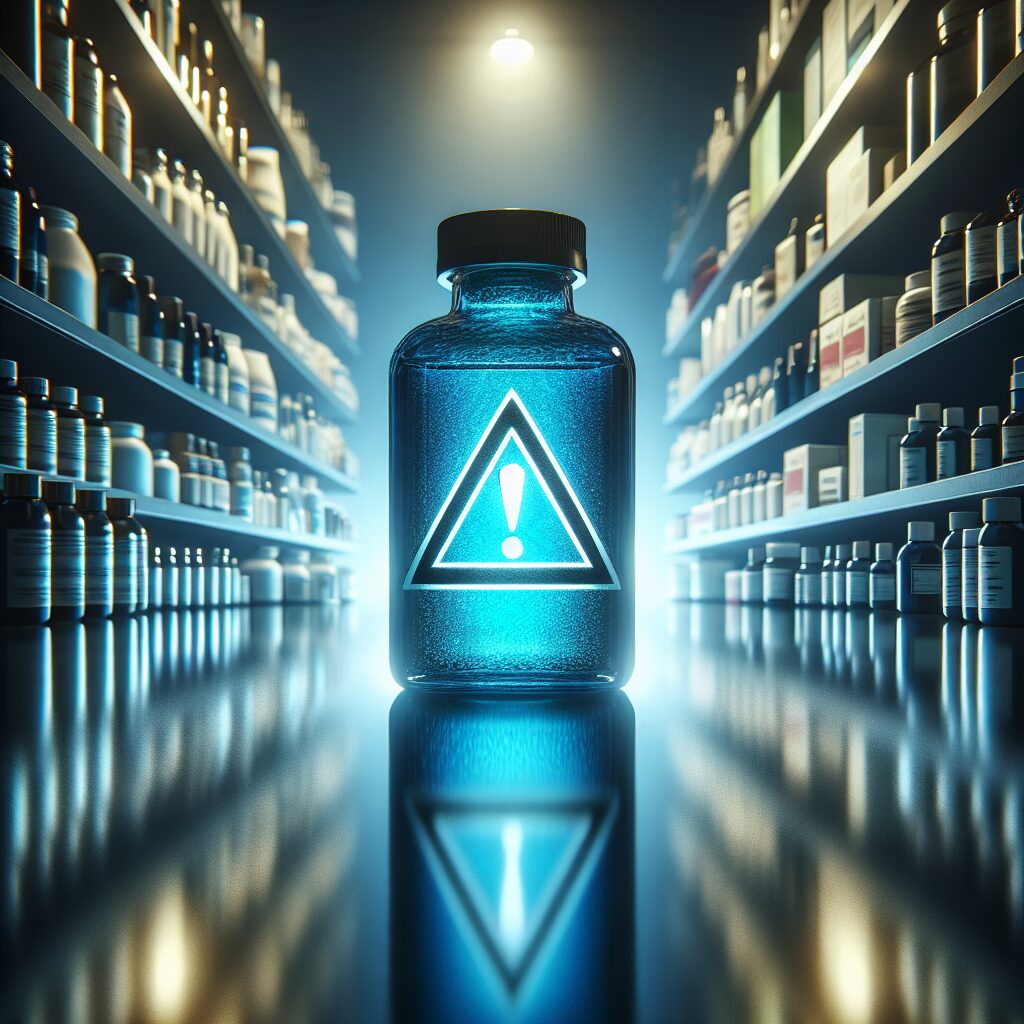 Image of a cosmetics bottle in a pharmacy setting, with a caution symbol next to it, conveying a sense of alert and concern about product safety.