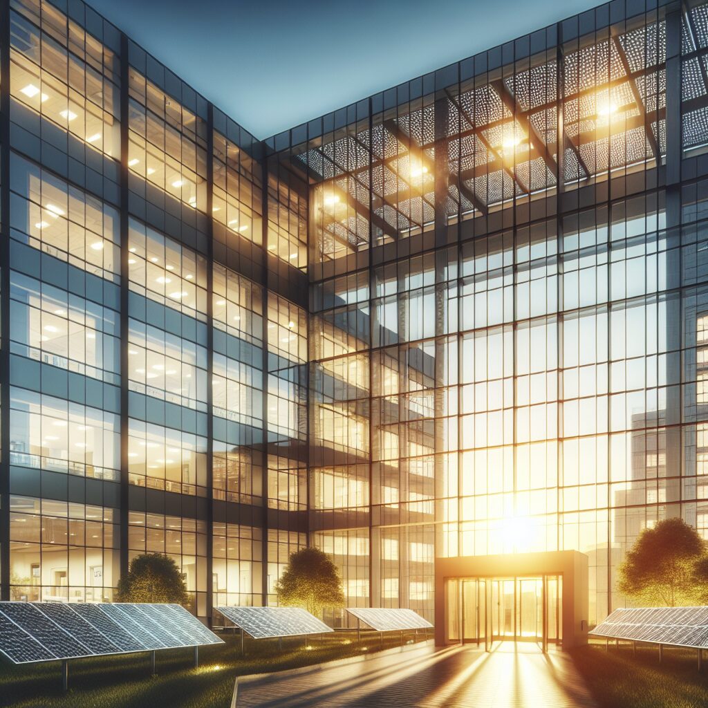 A modern hospital with large windows being renovated with new smart technology. Sunlight streams through the windows, reflecting on solar panels outside, showcasing an innovative and eco-friendly setting. A serene and hopeful atmosphere, conveying community collaboration.