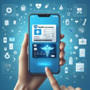 Un smartphone moderne affichant une carte Vitale numérique avec un fond médical, icônes de santé et éléments digitalisés, style réaliste et épuré