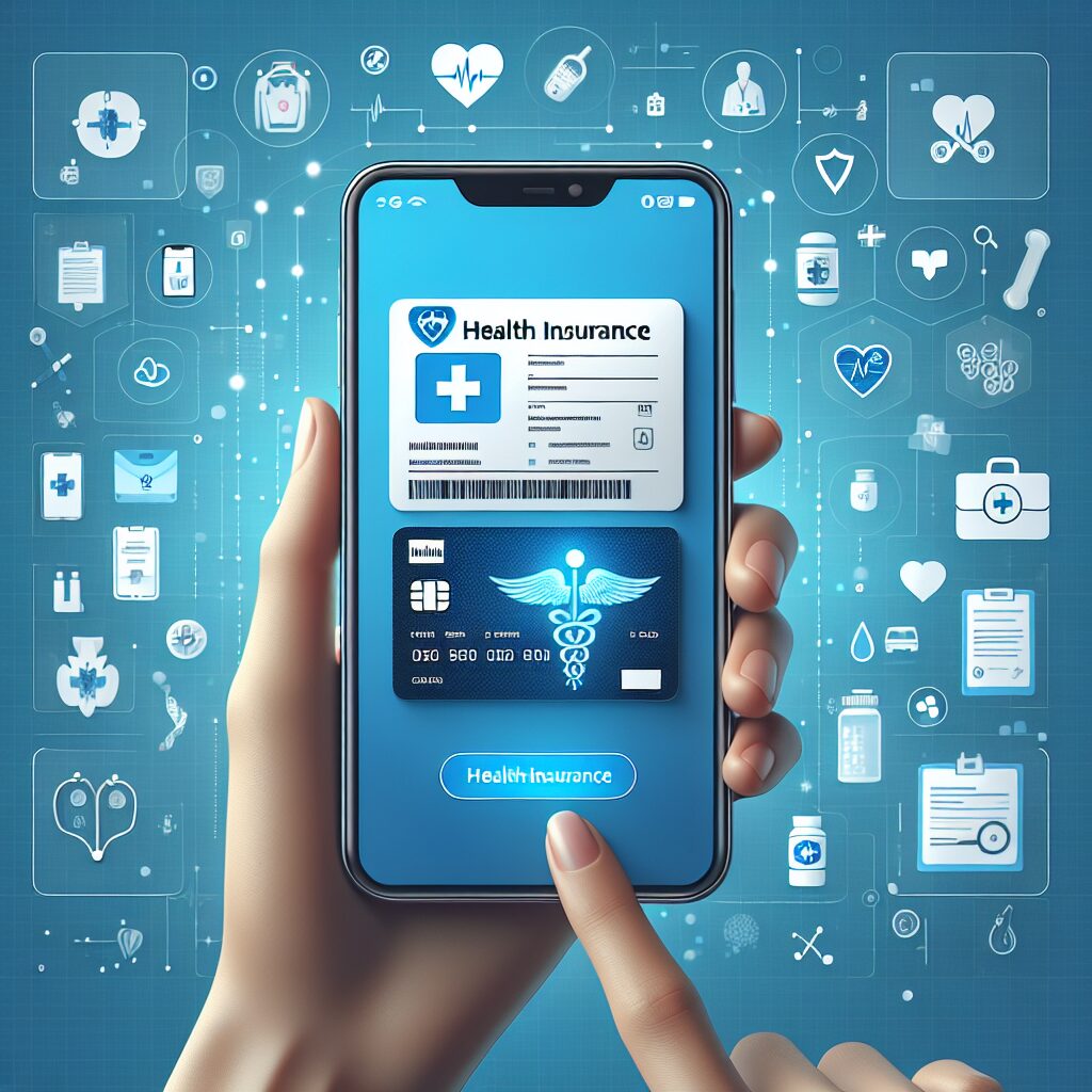 Un smartphone moderne affichant une carte Vitale numérique avec un fond médical, icônes de santé et éléments digitalisés, style réaliste et épuré