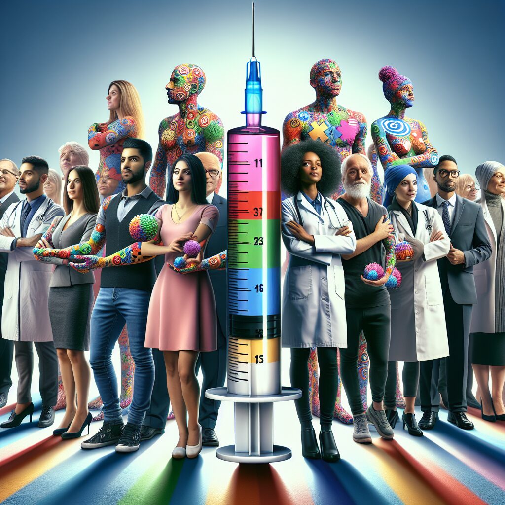 Image depicting a diverse group of people with visible chronic conditions like asthma, diabetes, and heart disease, standing confidently together with medical professionals, holding a giant syringe symbolizing the flu vaccine. Bright colors, hopeful and educational tone.