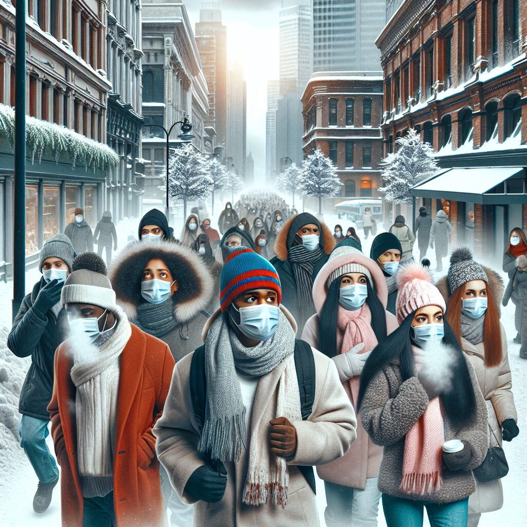 Image d'une scène hivernale en ville avec des gens portant des masques, illustrant l'inquiétude liée à la propagation du variant K de la grippe.