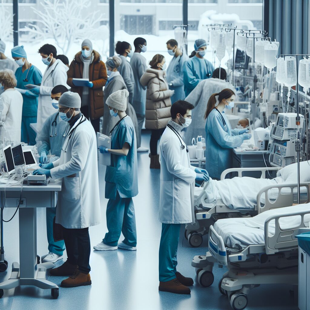 A busy hospital scene during winter, with medical staff wearing masks, attending to flu patients. The atmosphere is tense yet professional, with visible healthcare equipment and a sense of urgency. The image should convey a healthcare crisis during flu season with cold, muted colors and winter attire.