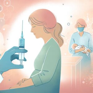 Une illustration représentant une femme enceinte sereine, recevant une injection, avec une image floue d'un nourrisson en bonne santé en arrière-plan, pour symboliser la protection contre la bronchiolite. Style moderne, couleurs pastel, ambiance médicale rassurante.