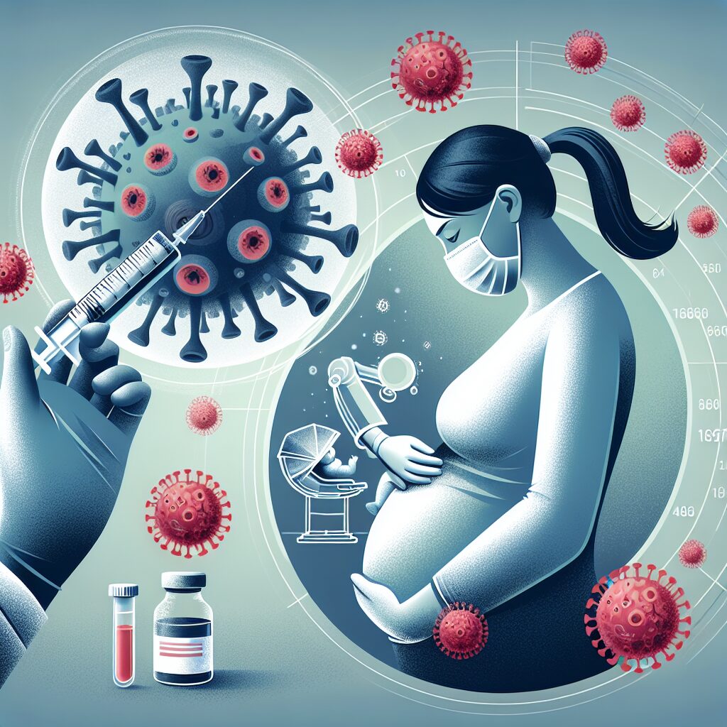 Une illustration montrant une femme enceinte se faisant vacciner, avec une représentation microscopique du virus respiratoire syncytial (VRS) à l'arrière-plan, mettant en avant la protection du futur bébé.