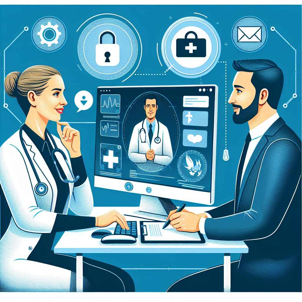 A modern and secure teleconference setup between a doctor and a patient, with digital medical documents visible. The setting should be professional, conveying the idea of efficient and secure remote healthcare communication in a digital age.