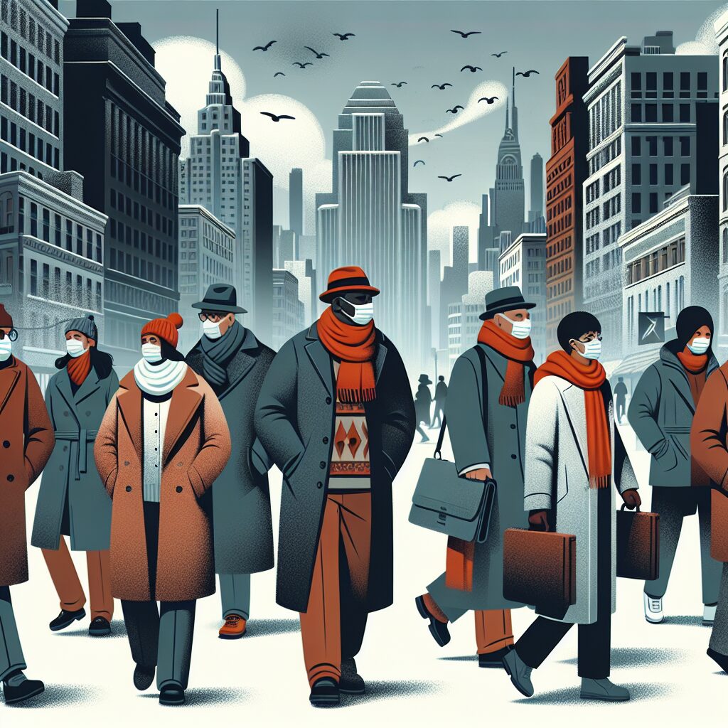 A busy urban scene with people wearing masks during flu season, illustrating the widespread impact of a new flu variant. People walking on a city street, winter clothing, diverse ethnicities, grey sky, tension in the air.