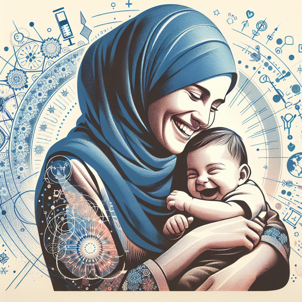 An illustrative image of a happy, healthy mother and infant embracing, symbolizing security and health, with subtle motifs of medical research and vaccination. The colors should evoke calmness and trust, focusing on prenatal care and infant well-being.