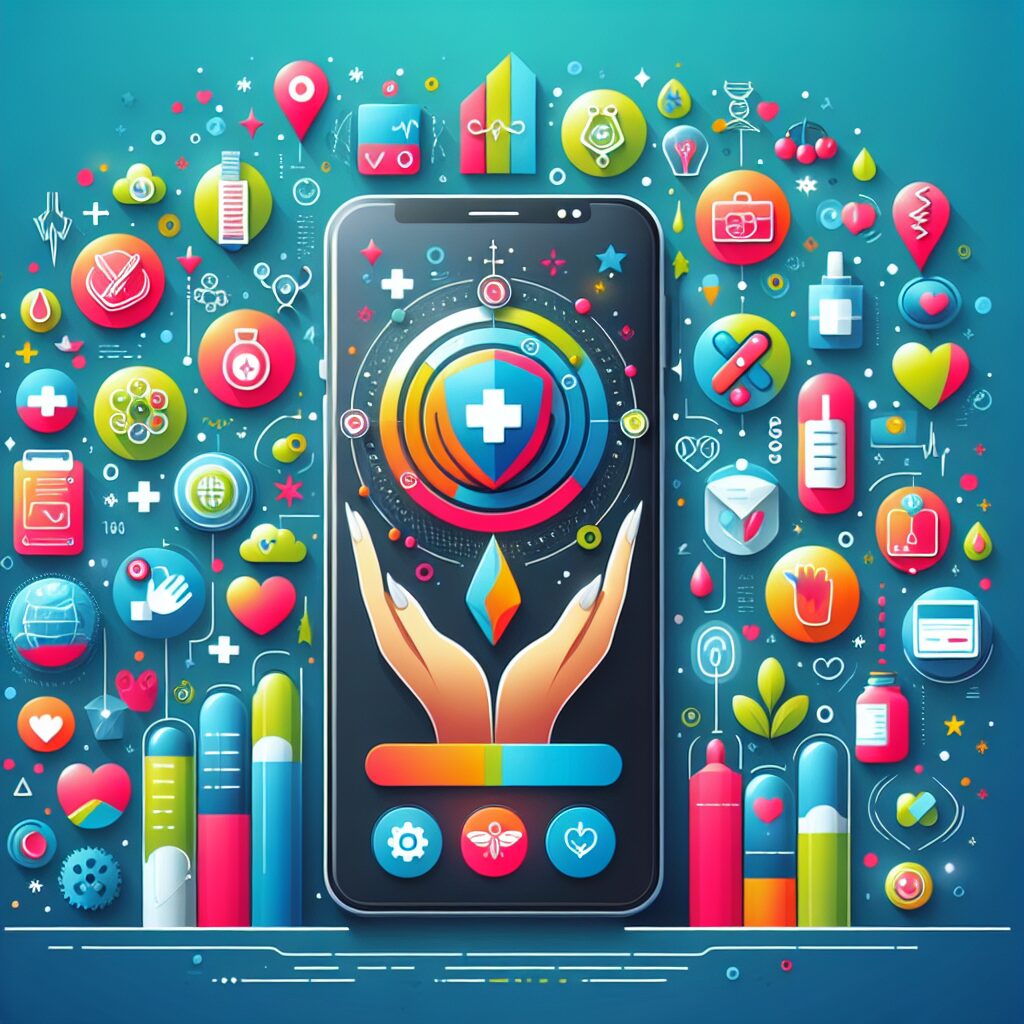 A detailed illustration of a modern smartphone displaying the digital Carte Vitale app, with vibrant icons and a healthcare-related backdrop. The image should convey the concept of digital health advancement and seamless integration into daily life.