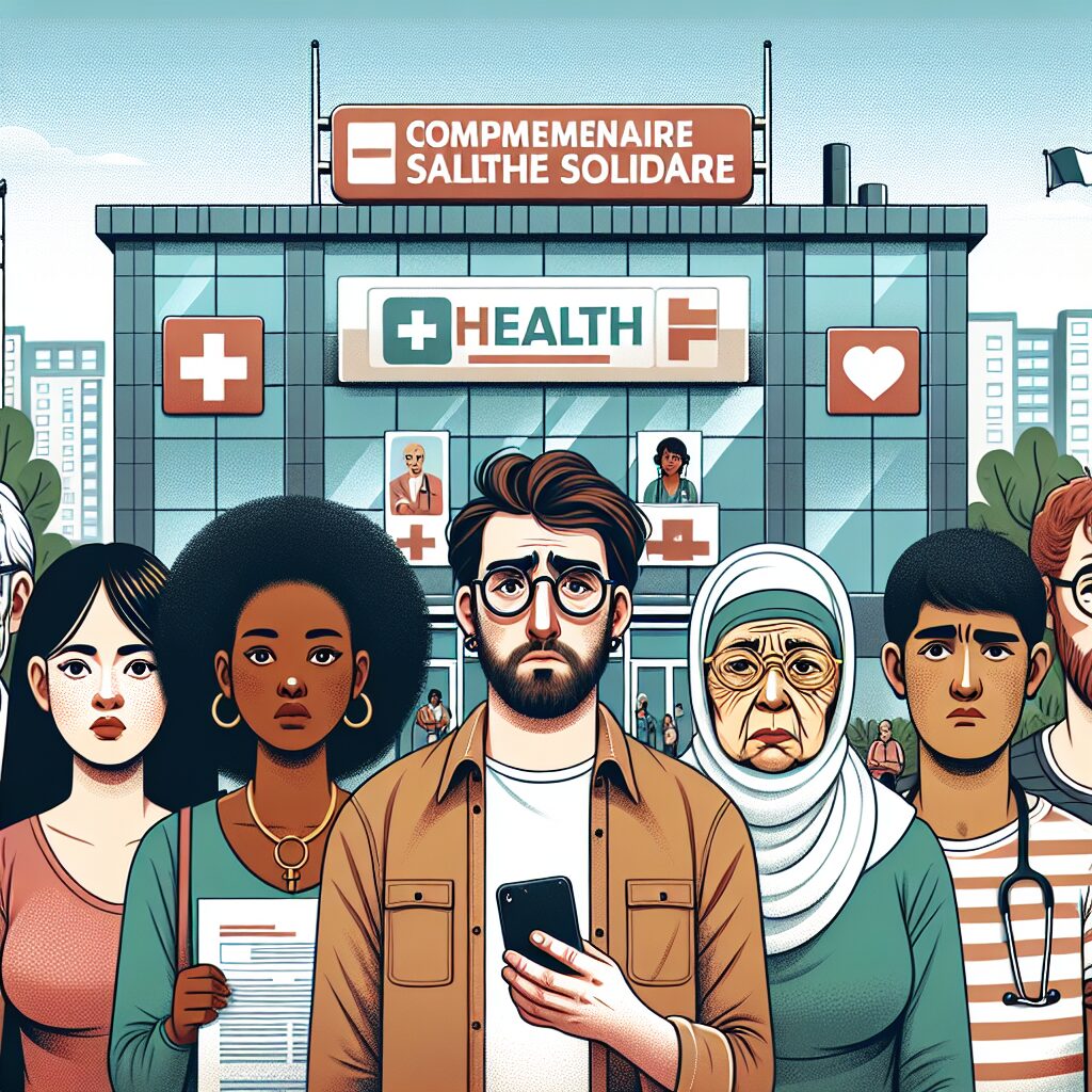 Illustration of a diverse group of people in France, some looking confused or uncertain, standing in front of a medical building with a sign saying 'Complémentaire Santé Solidaire'. Include visual elements of health papers, a smartphone, and a computer to indicate online access.