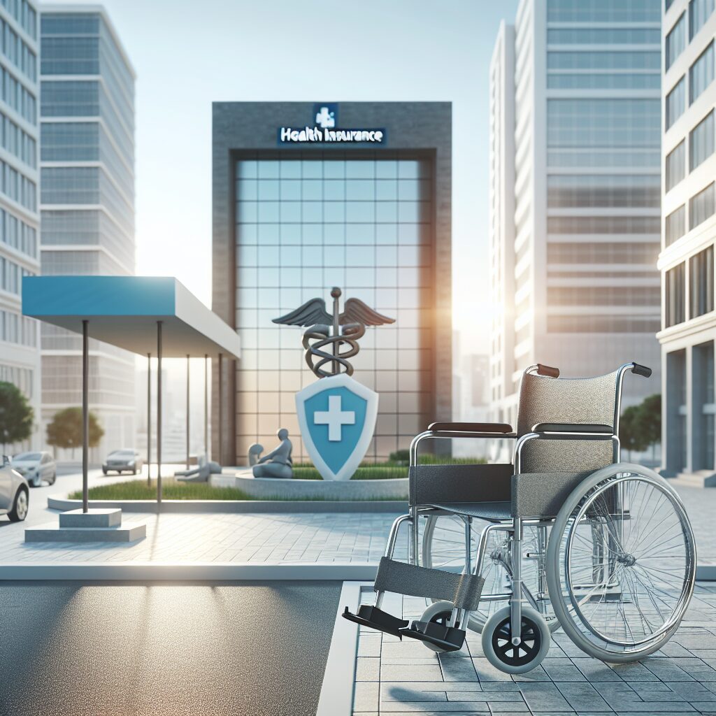 Un fauteuil roulant moderne en milieu urbain, symbolisant l'accessibilité et l'intégration sociale, avec en arrière-plan un bâtiment de l'assurance maladie, style réaliste, lumière du jour.