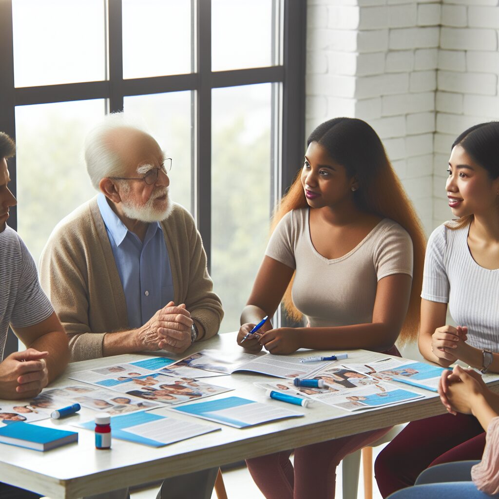 Un groupe de patients atteints de diabète discutant dans une salle lumineuse, avec des magazines et brochures sur le diabète sur une table. Le thème central est l'éducation et le soutien communautaire.