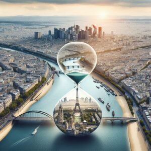 A picturesque view of Paris from above, showcasing the city's iconic landmarks like the Eiffel Tower and Seine River, with a subtle overlay of an hourglass symbolizing longevity.