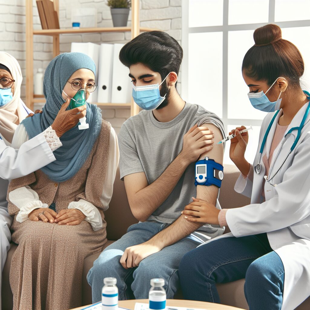 A diverse group of individuals, including a person using an inhaler, a person with a diabetes testing device, and an elderly person, all actively receiving flu vaccinations in a healthcare setting. The scene is professional, supportive, and focused on health and prevention.