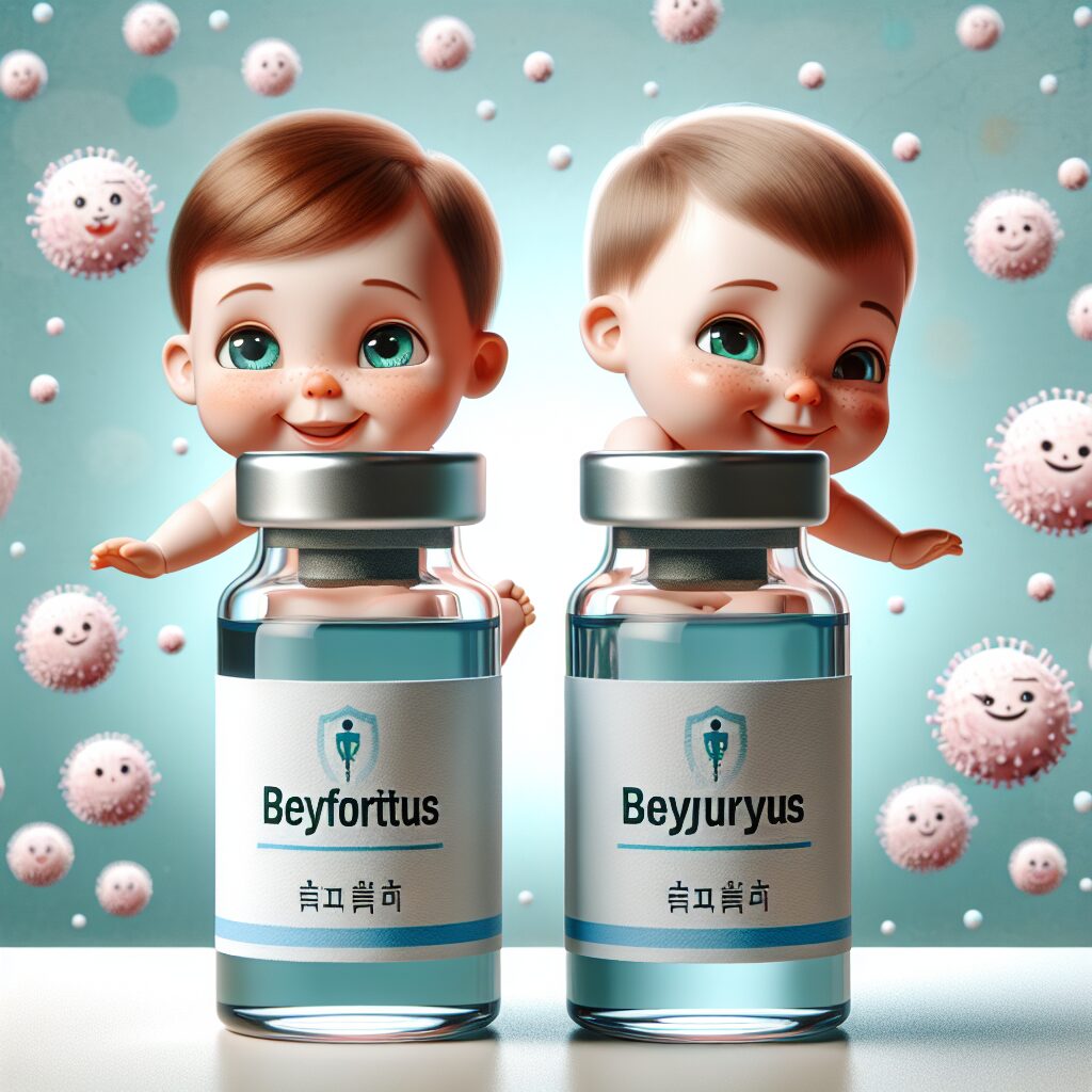 Deux fioles de vaccin, l'une étiquetée 'Beyfortus' et l'autre 'Abrysvo', avec des arrière-plans représentant des bébés souriants en arrière-plan pour illustrer la prévention de la bronchiolite chez les nourrissons.