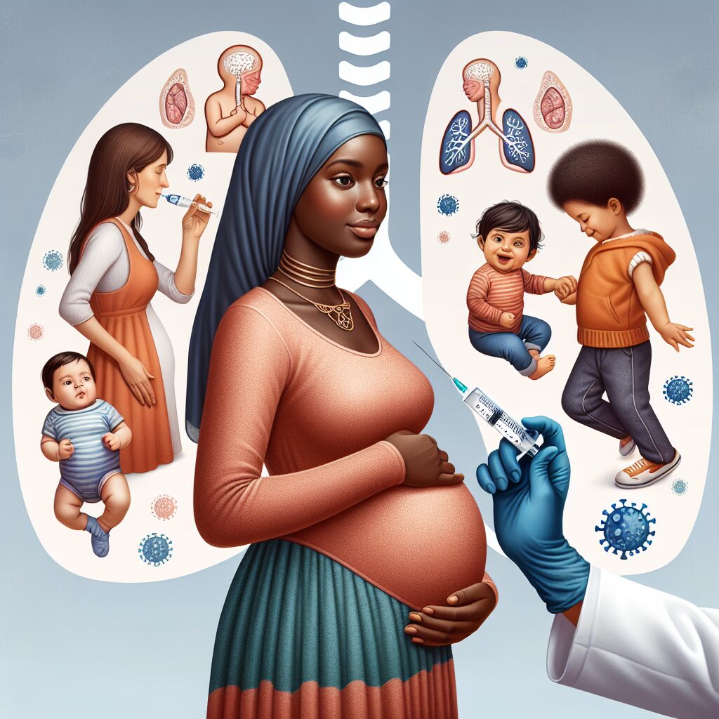 Une mère enceinte recevant une injection de vaccin, avec un arrière-plan montrant des illustrations de poumons et de bébés jouant, représentant la protection contre les maladies respiratoires.