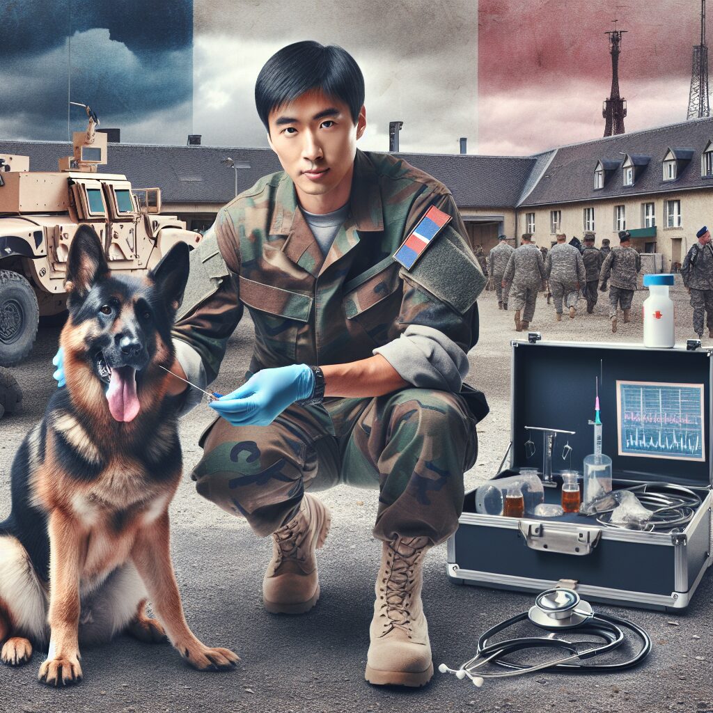 Une image captivante montrant un vétérinaire militaire en uniforme prenant soin d'un chien de l'armée, avec en arrière-plan une scène de base militaire française. Inclure des éléments tels que des équipements vétérinaires et une ambiance de travail dynamique.