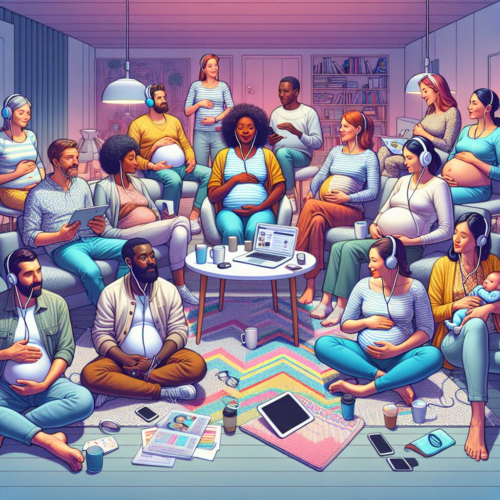 An illustration of a diverse group of expectant parents listening to a podcast in a cozy, modern living room setting. Each parent is attentively engaged, some taking notes, others smiling, with a variety of technology devices like laptops and smartphones in sight. Soft lighting and vibrant colors convey warmth and inclusivity.