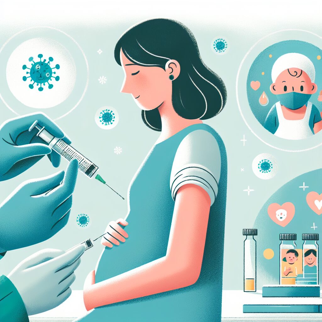Une illustration montrant une femme enceinte recevant un vaccin dans un environnement médical, accompagné de symboles de protection et de santé, avec des images de bébés en arrière-plan symbolisant la prévention contre la bronchiolite.